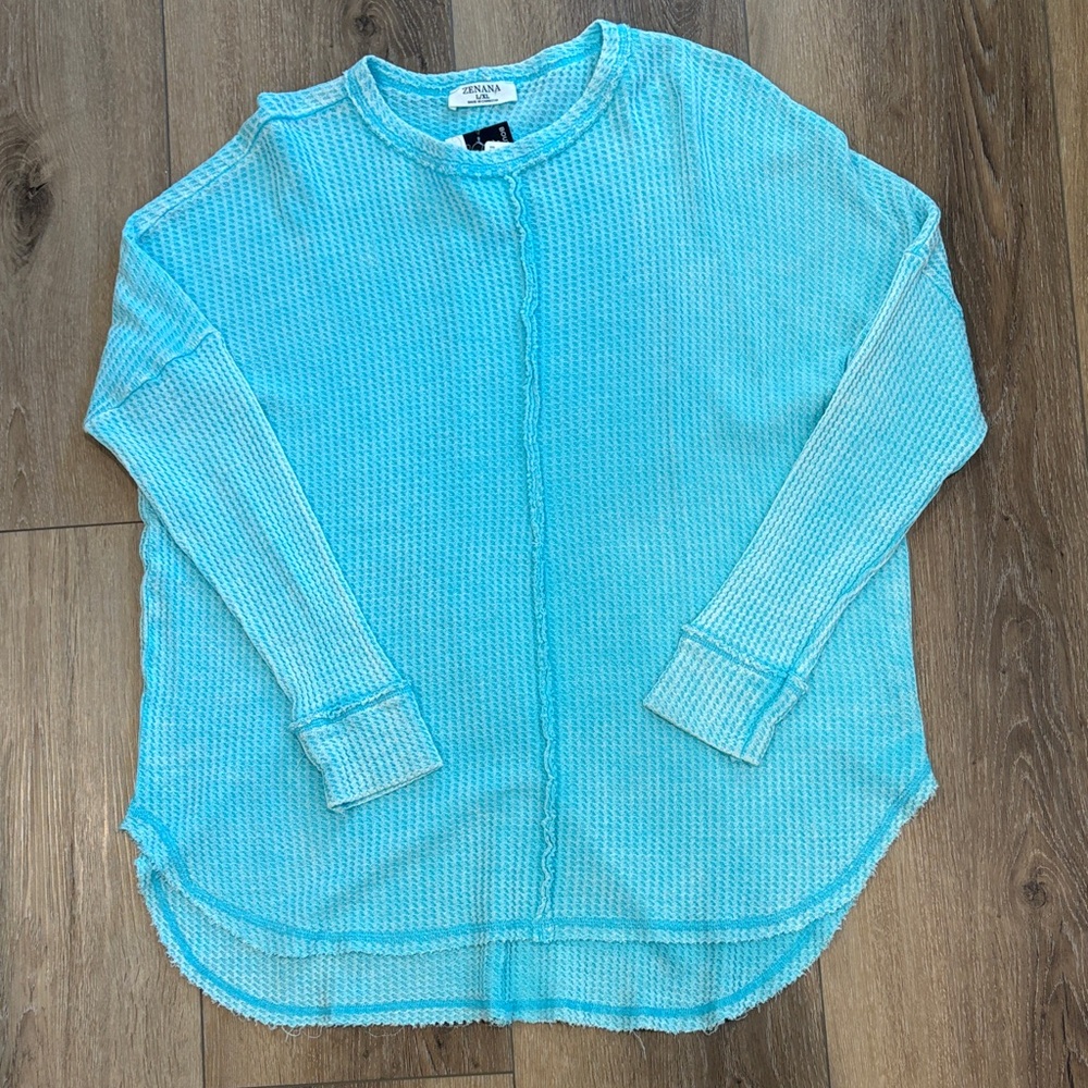 Zenana Aqua Waffle Knit Long Sleeve Top